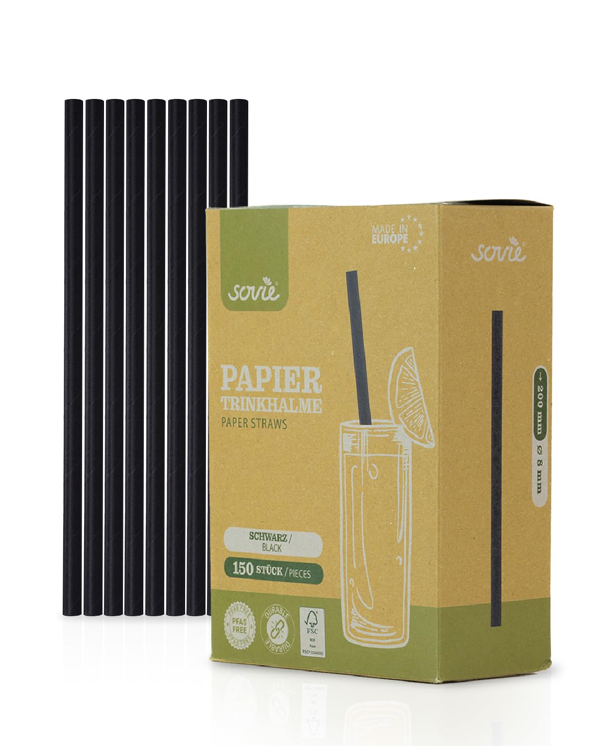 Rietjes in wit van papier FSC®, 6 mm / 20 cm, 250 stuks in kartonnen doos