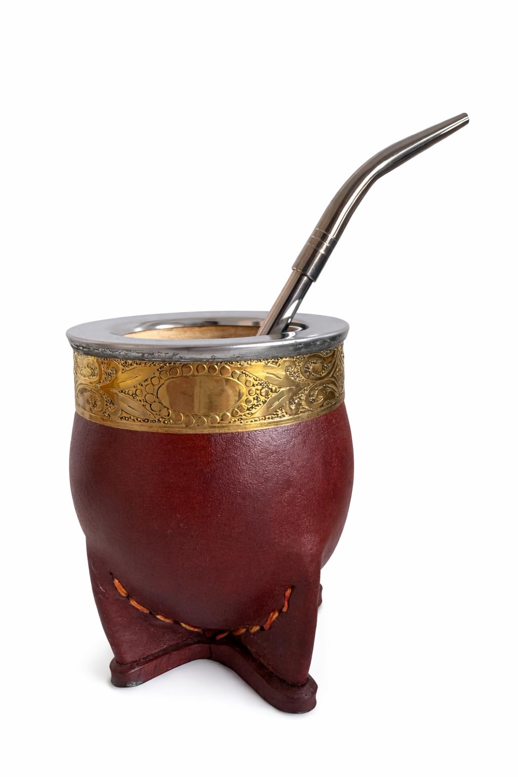 ALMA NATIVA - Mate Imperial de Calabaza Natural con Cuero Liso y Guarda de Bronce – Incluye Bombilla y Yerbera (Marrón)