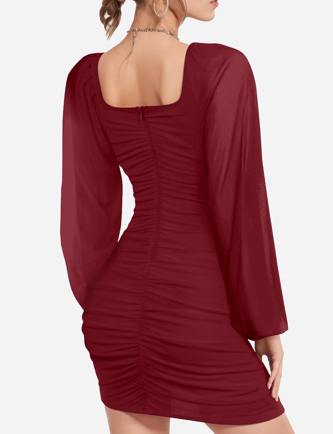 Women's White Black Pink Green Mesh Long Sleeve Square Neck Ruched Party Club Cocktail Bodycon Short Tight Prom Mini Dress Summer Spring Fall Sexy Classy Banquet Dress Teen Girl Grad Formal Dresses - Image 2