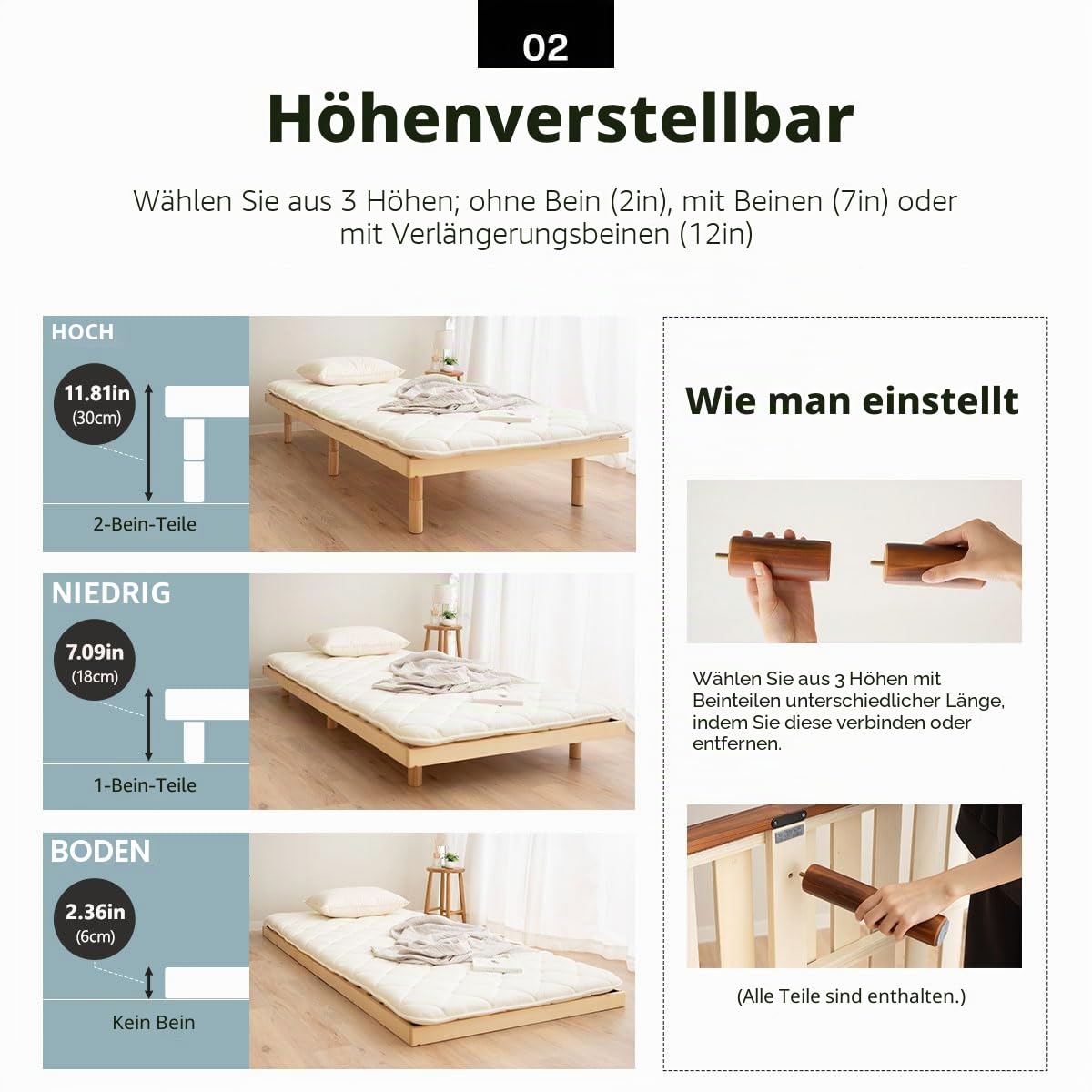 EMOOR Holzlatten-Bettgestell Fuji 98 x 200 cm für japanische Futon-Matratze (Natur-Braun), Höhenverstellbar (6/18/30 cm) Tatami-Matte
