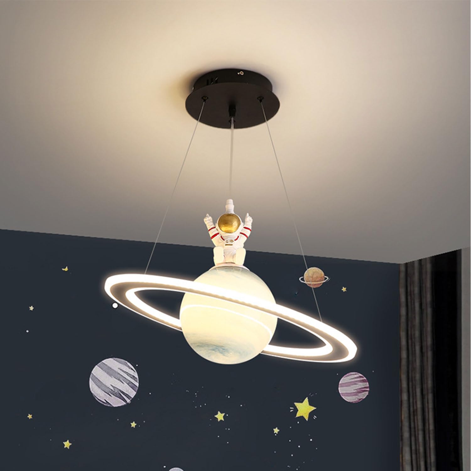 Moddeny Children's Bedroom Planets Pendant Lights, Modern Acrylic Indoor Chandelier Adjustable E27 Ceiling Pendant Lamp with Round Glass Lampshade for Boys Girls Living Room Children's Room