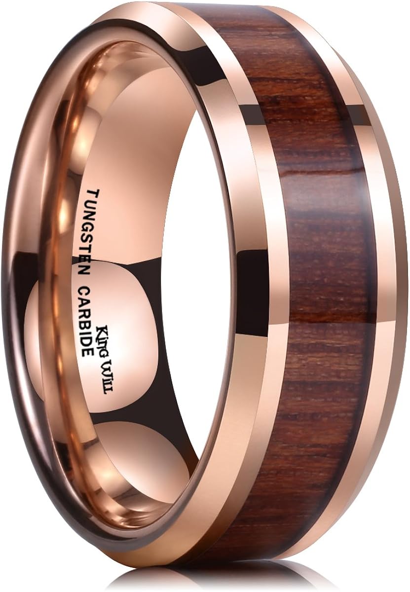 King Will Nature Koa Wood Inlay Tungsten Carbide Wedding Ring 8mm Rose Gold/Blue/Black/Silver High Polished Comfort Fit | 