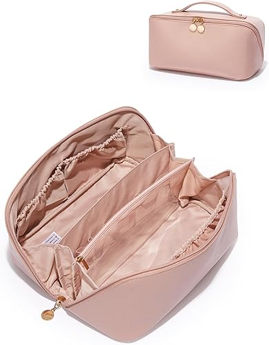 EACHY Bolsa de maquillaje de viaje, bolsa de cosméticos de gran capacidad para mujeres, bolsa portátil impermeable, bolsa de aseo plana abierta,