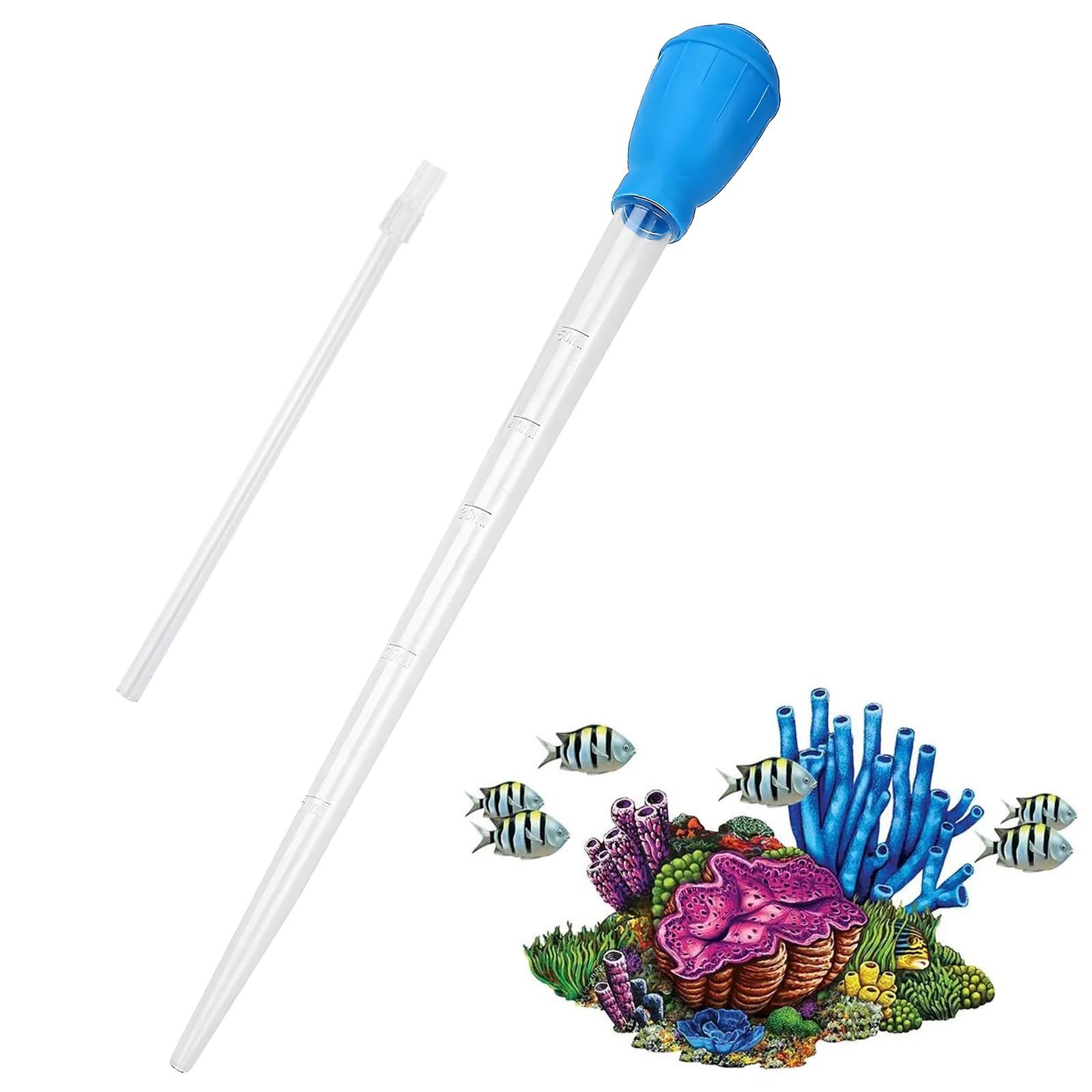 Artomnivera Extra Long Turkey Baster Aquarium 45cm+26cm Extension ABS Fish Tank Cleaner Syringe Coral Feeder Siphon Water Changer Waste Remover Blue Clear
