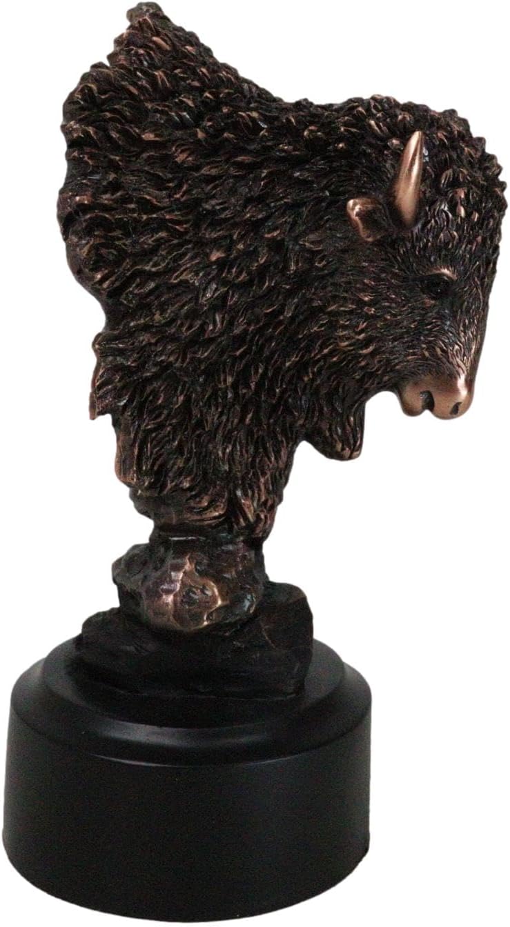 Ebros Gift Rustic Southwestern American Bison Head Bust Figurine in Electroplated Bronze Finish with Black Trophy Base Sacred Native Buffalo Western Desktop Shelf Decorative Statue