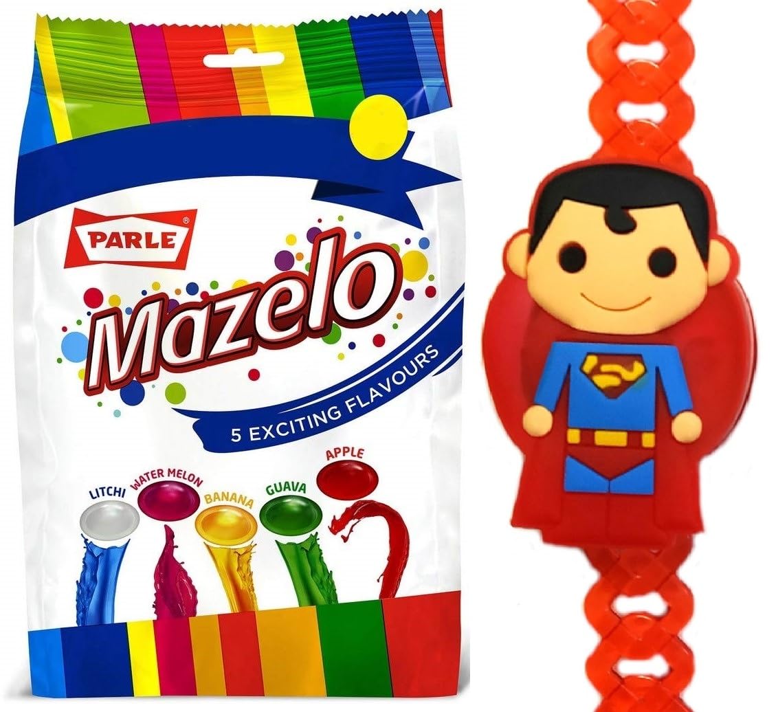 Superman Kid LED Light Rakhi for Brother, Mazelo Candy Pack with Personal Message & Roli Chandan Chawal Mishri Pack for Chota Bhai Bhaiya