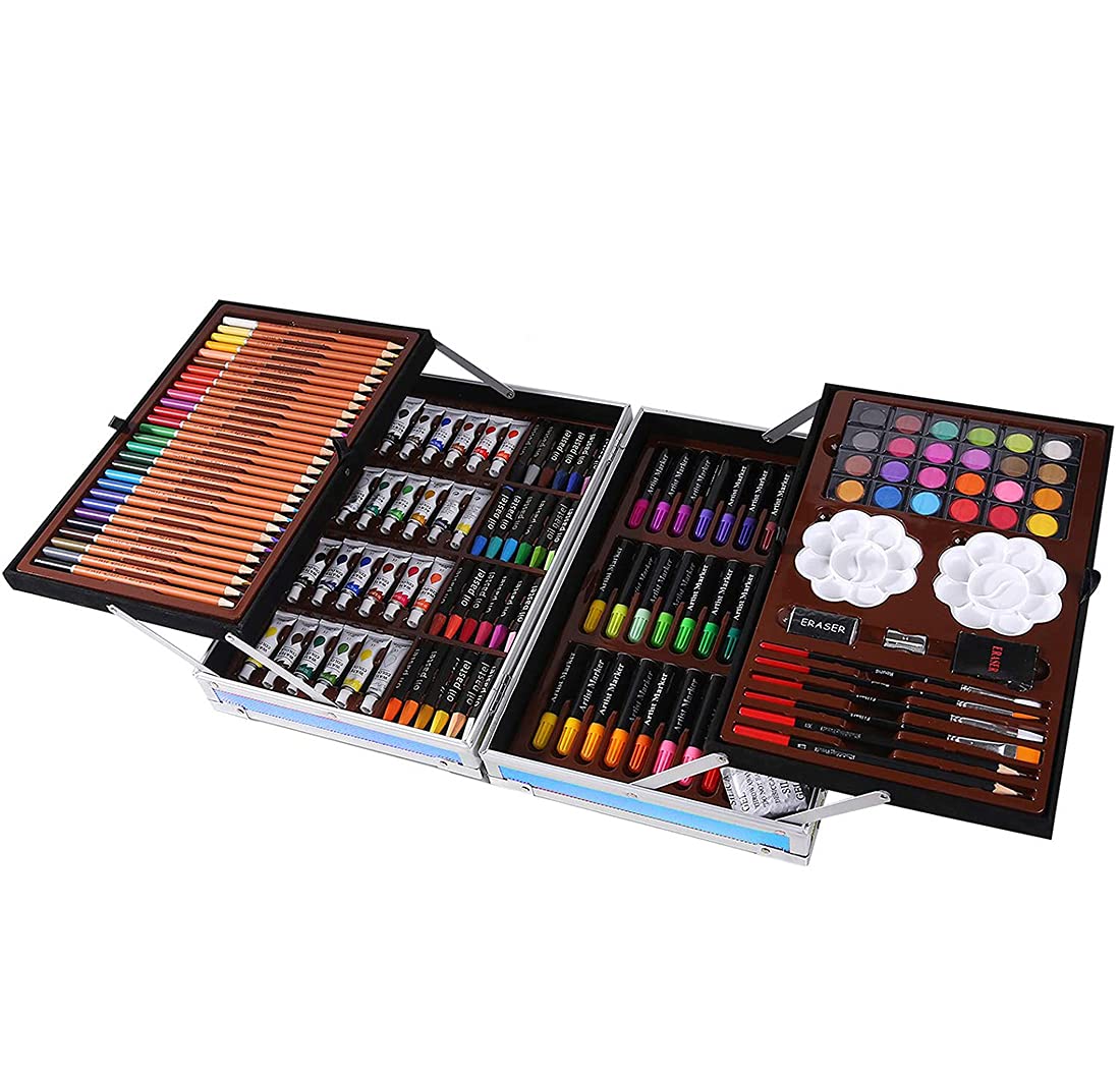 DELFINO Drawing Painting Case Deluxe Art Set 145-Piece 2 Layers Kids Art Supplies for Diamond Painting Portable Aluminum Case Art Kit for Kids Teens Adults Great Gift for Beginner