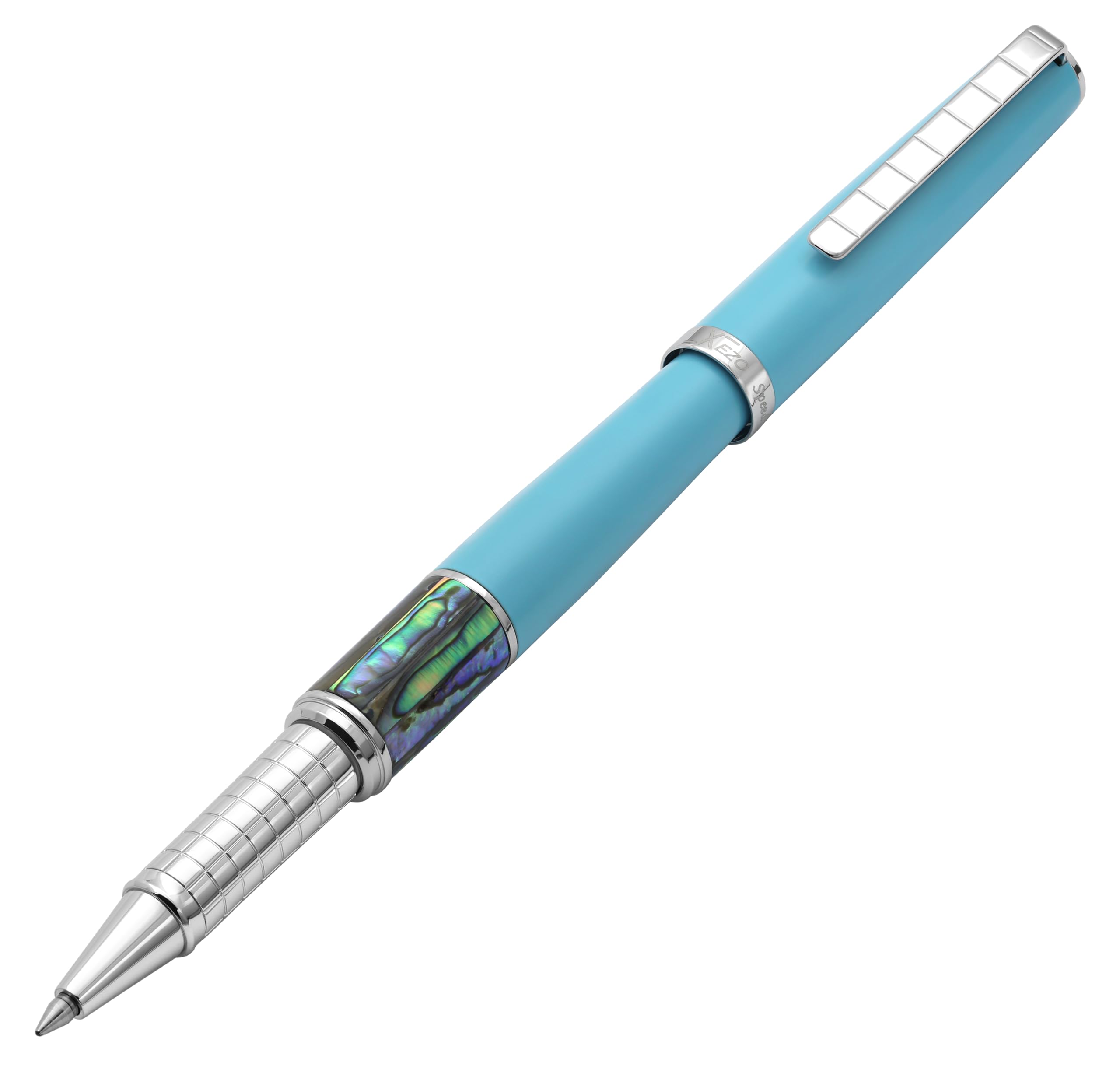 Xezo Speed Master Tintenroller Fine | Himmelblau matt mit Pāua Abalone Muschel | Verchromt | Leichter Messingkörper | Jedes Unikat