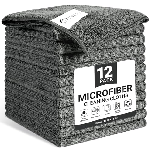 Image of SIFANGKE Microfiber Cleaning Cloth, 12 Pack Grey Cleaning Rags for Housekeeping, Reusable Microfiber Towels for Car, Kitchen, Bathroom and Household Cleaning Supplies, 11.8 inchX11.8 inch