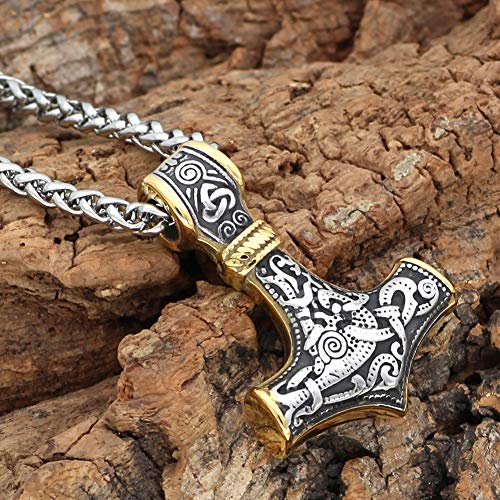 QZY Hommes Chaîne en Acier Inoxydable 316L, Collier De Thor De Marteau Pendentif Mixte Or Couleur Viking Mjolnir Cover