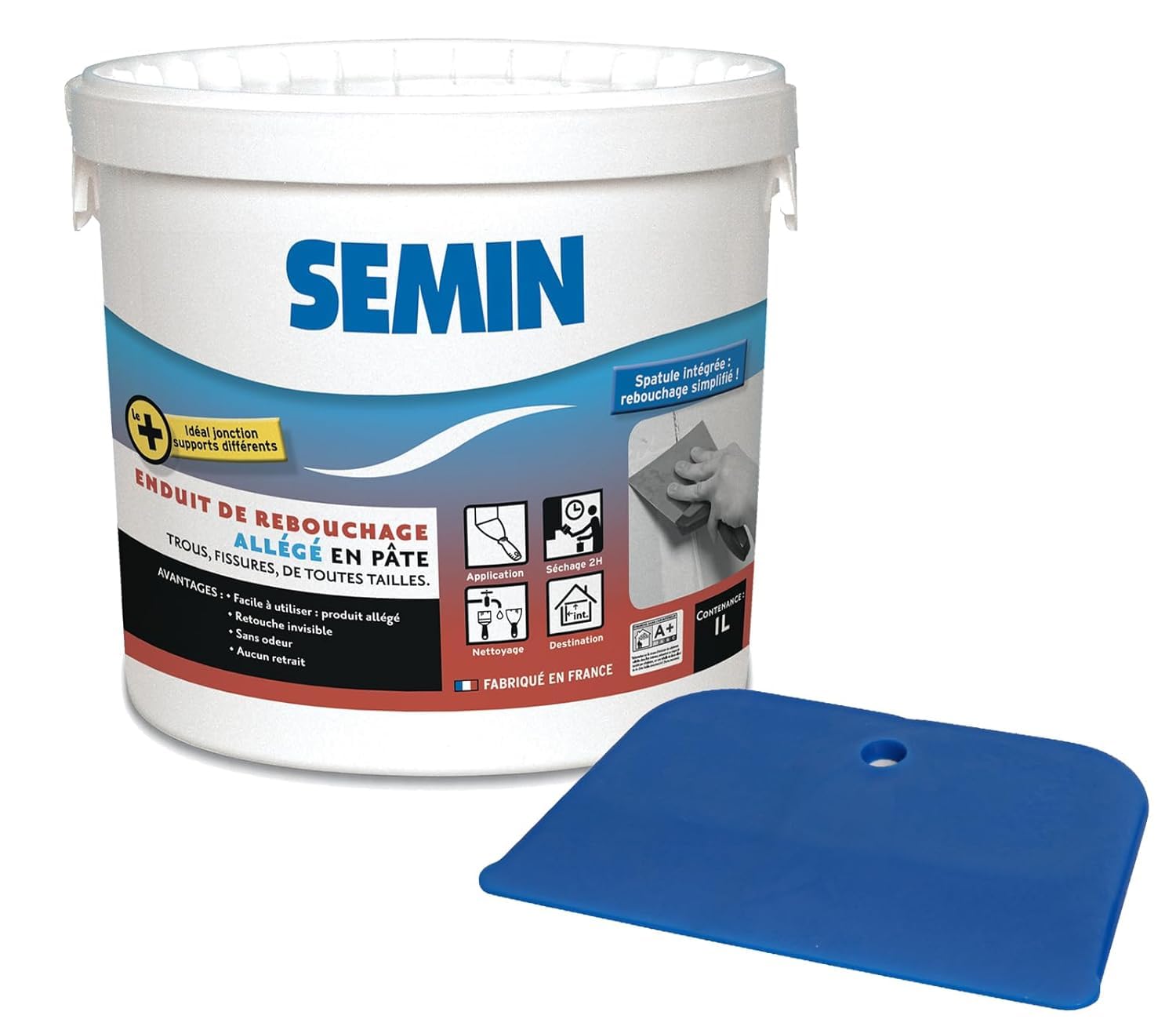 Semin SEM-LIGHT Enduit de Rebouchage Allégé- 5 X 1 L – Ultra Léger, Sans Retrait & Séchage Rapide – Réparation Trous & Fissures – Intérieur Murs & Plafonds – Blanc Mat – 5 Spatules Intégrées
