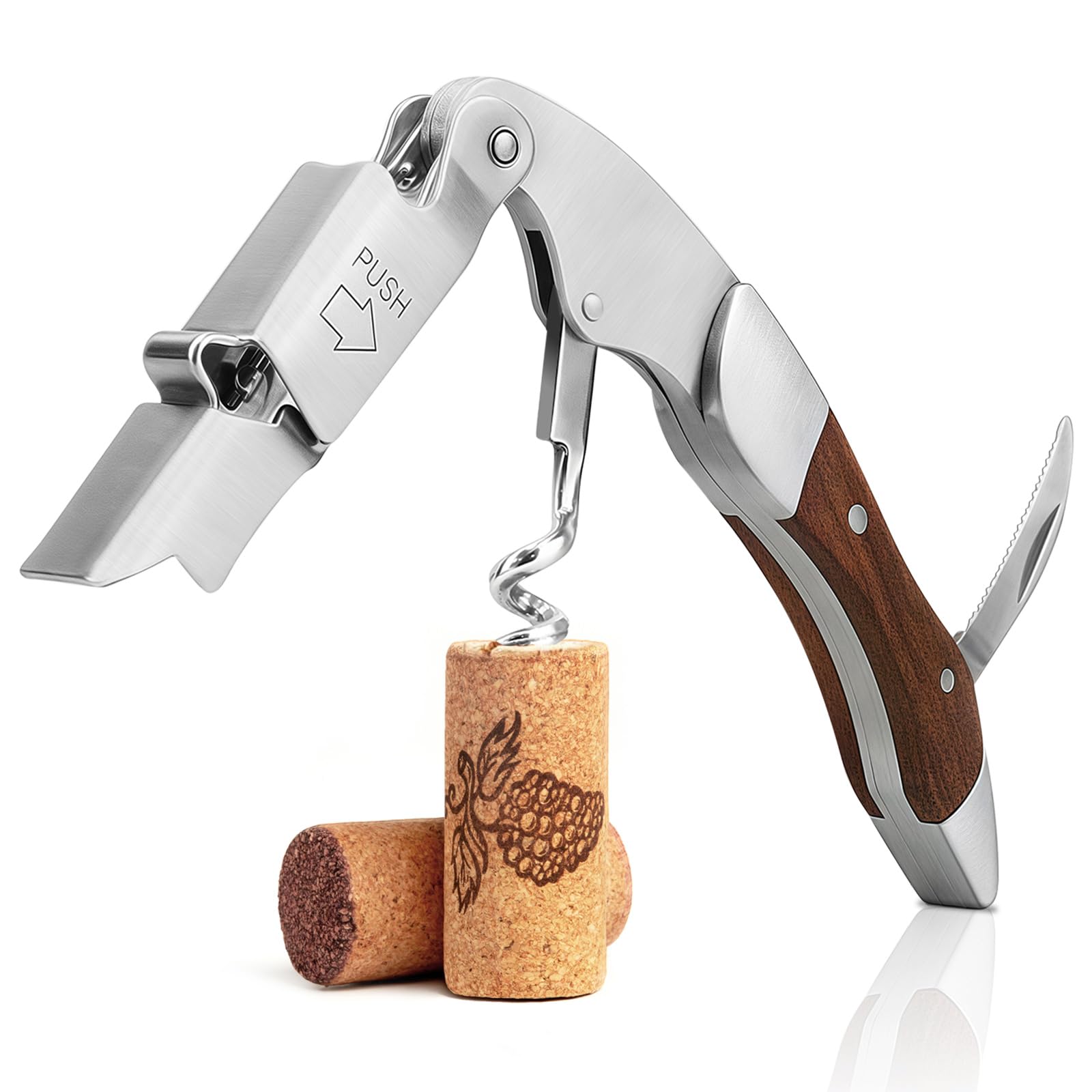 Coosion Rosewood Handle Waiters Friend 3-In-1 Corkscrew Wine Bottle Opener With Foil Cutter, Professional Stainless Steel Sommelier Wine Opener & Bottle Opener For Restaurant, Bar And Home, Multi-Functional Wine Key