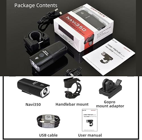 Miniatura 9 de Navi350 - Luz para bicicleta, batería recargable USB de 1600 mAh, luz delantera LED súper brillante de 350 lúmenes para conducción nocturna, IPX6