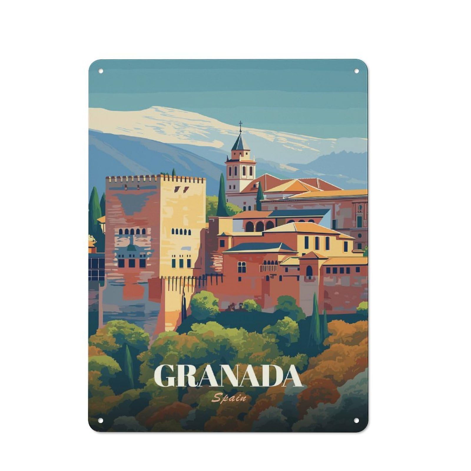 Junmoney Style-17 Tin Sign With Granada, Spain Travel Design 40X30cm, Understated Studio Wall Plaque For Hobby Room, Office, Lounge Or Living Room