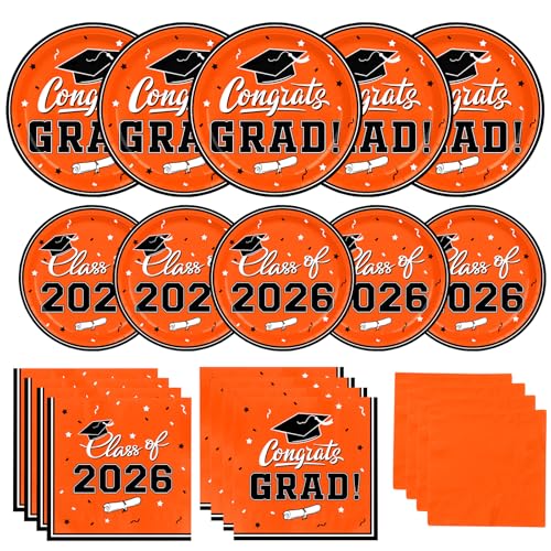 Graduation Party Plates and Napkins Gatherfun Graduation decorations 2026 Orange Disposable Paper Plates Luncheon Napkins Cocktail Napkins for Congrats Grad Party Decorations Serve 50