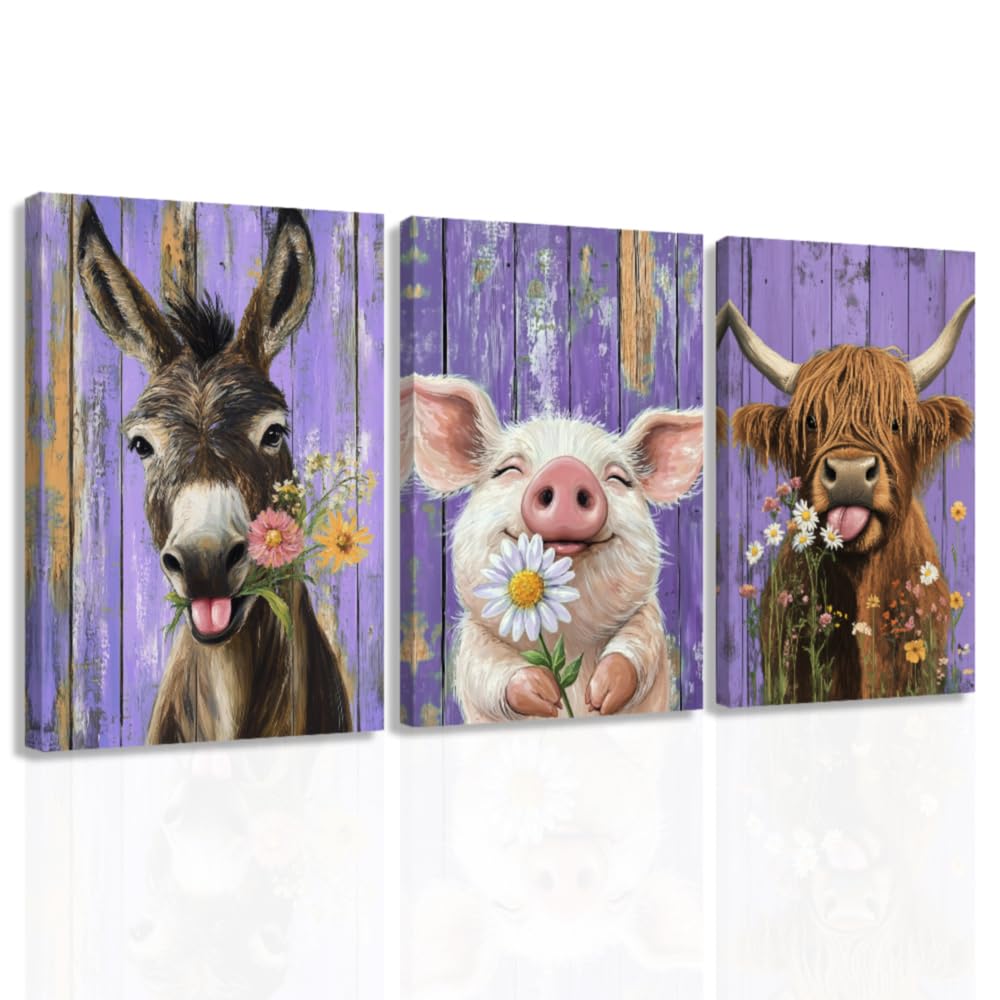 ZXHYWYM3 Piece Farm Animal Wall Art Funny Highland Cow Donkey Pig Painting Animal and Flower Pictures Farmhouse Canvas Prints Home Decor Framed (60x90cmx3)