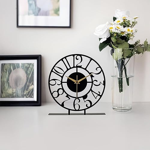 Miniatura 6 de Reloj de escritorio de metal de 8.9 x 9.5, reloj de mesa analógico redondo negro silencioso sin tictac, funciona con pilas, reloj de escritorio
