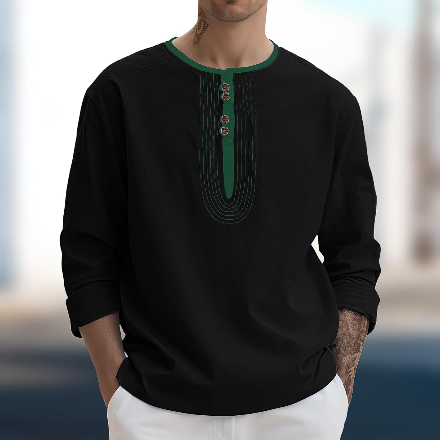 MARSVOVO Linen Henley Shirts for Men Casual Vintage Long Sleeve Button Hawaiian Shirt Regular Fit Light Daily Tee Tops - Image 3