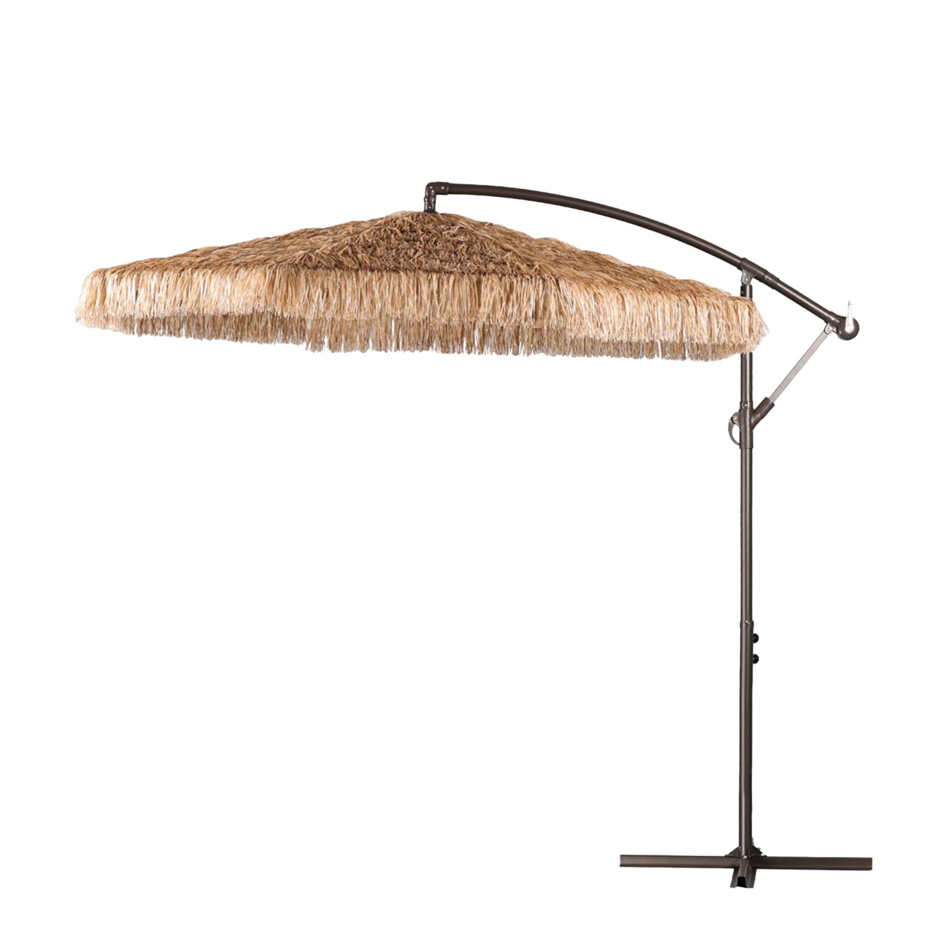 Cowvie Brown 2.7M Cantilever Tiki Thatch Patio Umbrella, Hand-Push Tilt Offset Umbrella For Outdoor, Poolside, Backyard, Beach - Natural Straw Look (No Base)