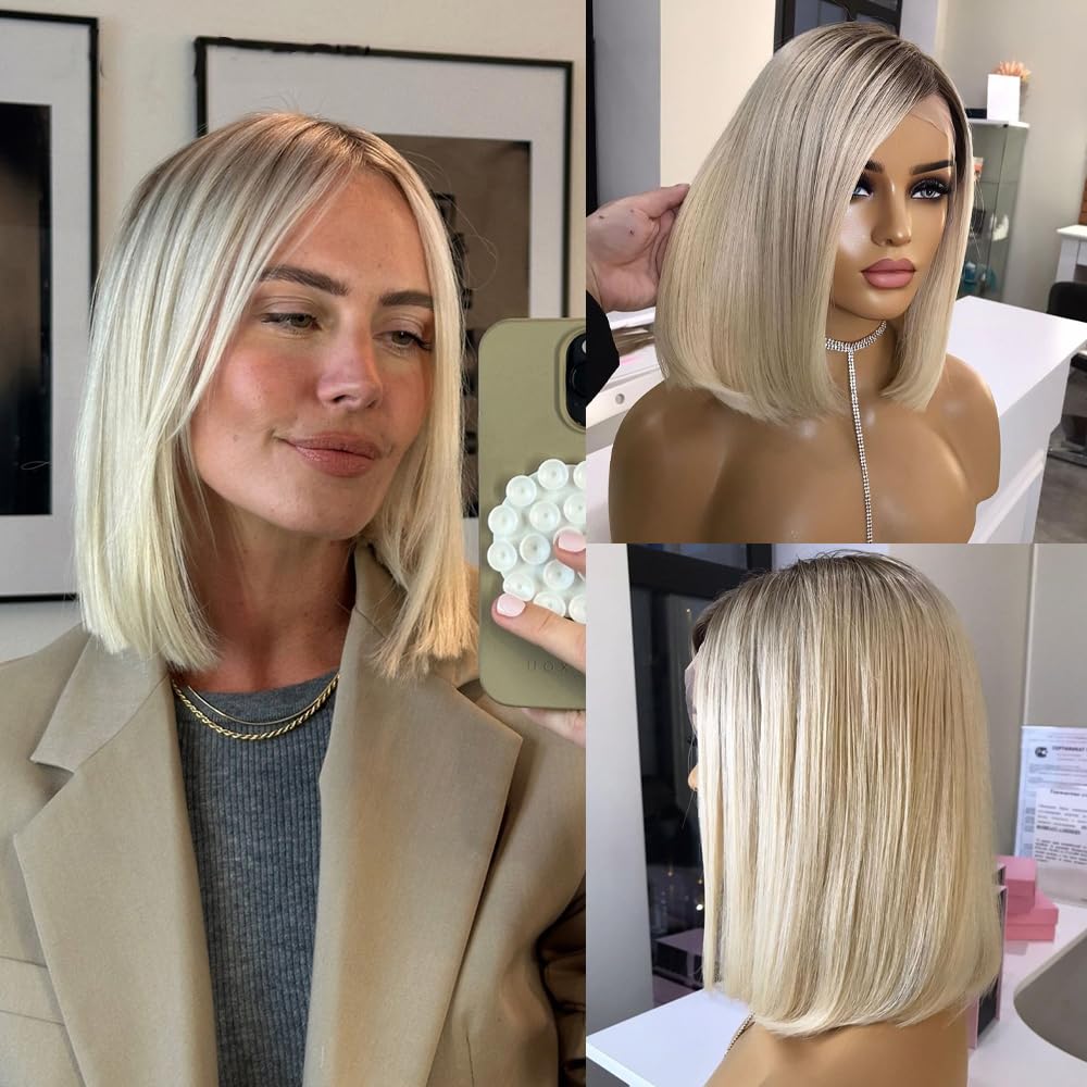 Perruque Bob Court Densité 180% - Cheveux Humains Teinture Balayage Salon Lune Cendrée Ombre Racinaire, Dentelle Nude Améliorée 13x4, Résistante à la Chaleur & Flexibilité de Séparation