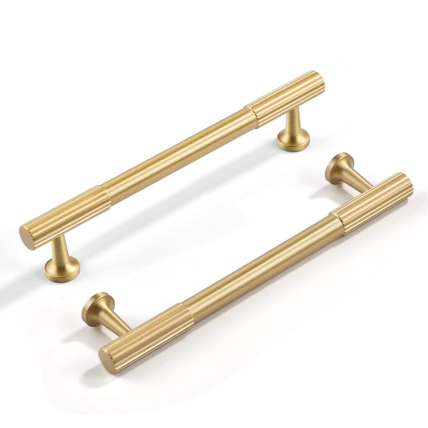 dairazan Brushed-Gold-Modern Kitchen Drawer Cabinet Handles - 5 Pack Solid Brass Pulls Hardware for Dresser Bedroom Bathroom (5 inch Hole Centers)