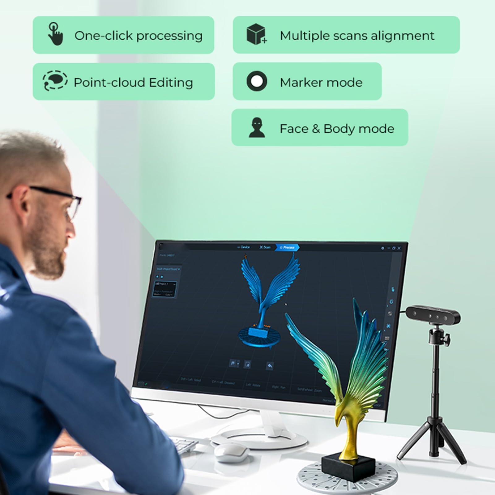 Fockety 3D-Scanner für 3D-Druck, bis zu 0,01 mm präziser Desktop-Handscanner mit Anti-Shake-Tracking und Vollfarbscan für nicht reflektierende Objekte aus schwarzem Metall