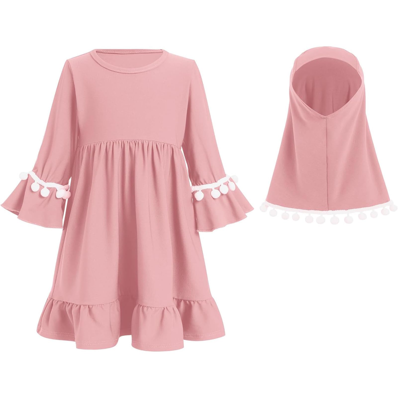 Gebet Kleid Langarm Muslimisches Kleid für Mädchen Gebetskleidung Burka Länge Robe mit Hijab Baby Kinder Ramadanrobe Rüsche Maxikleid Arabisch Islamische Robe Set mit Kleine Balldekor