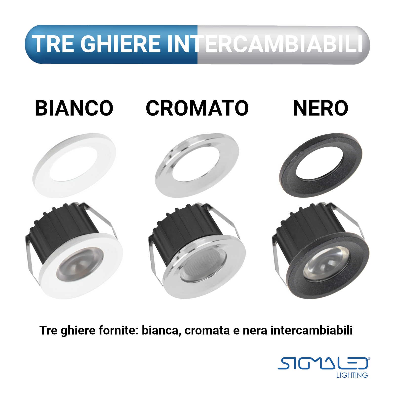 Sigmaled Lighting, 10 Mini Faretti a LED da Incasso 3W Dimmerabili per Esterno Interno IP54, LED SPOT Incasso Luce Naturale 4000K, 300 lm, Faretto 220V 230V, 3 Ghiere Bianca Cromata Nera (5 pack da 2)