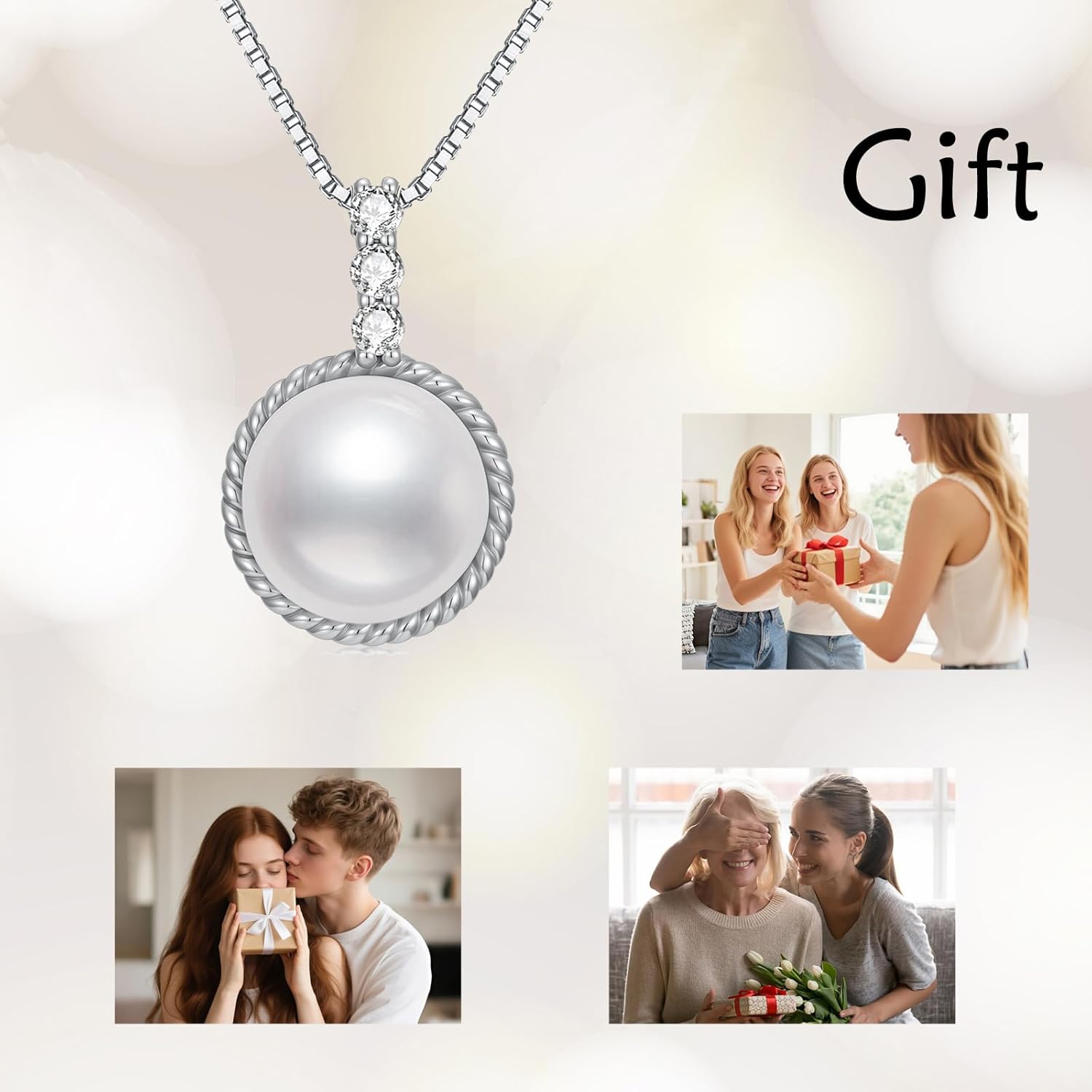 Sterling Silver Lab Grown Diamond and Freshwater Cultured Pearl Necklace for Women, Fine Jewelry Gifts for Her, 18+2 Inch