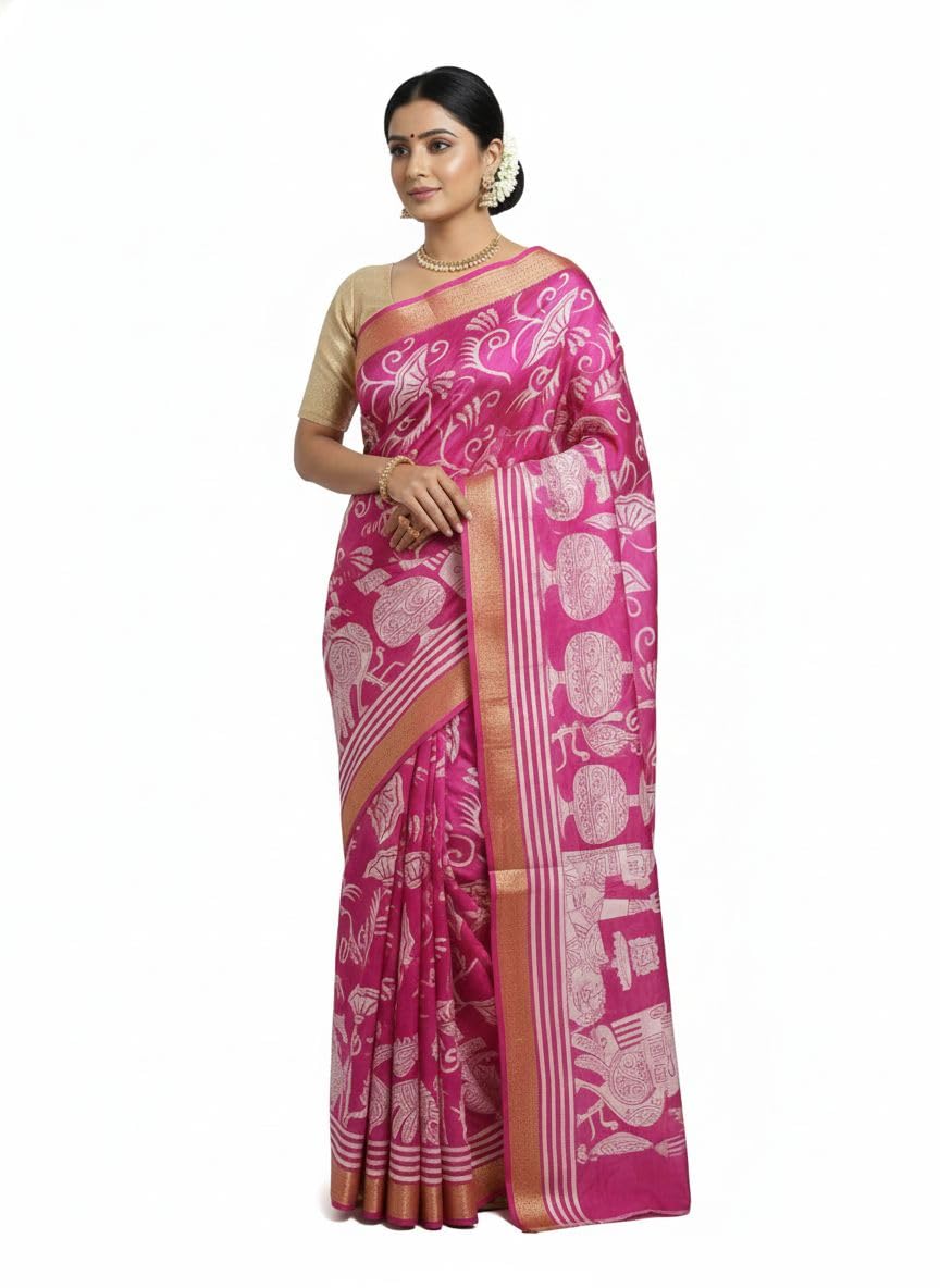 Traditional hot Pink pure Silk Saree with Golden muga Border, Handwoven Paisley Pattern, Festive Ethnic Indian wear.-image-27