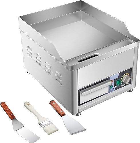 Plancha eléctrica comercial con espátulas, 14 pulgadas, 1800 W de acero inoxidable para encimera, parrilla superior plana para interiores, control