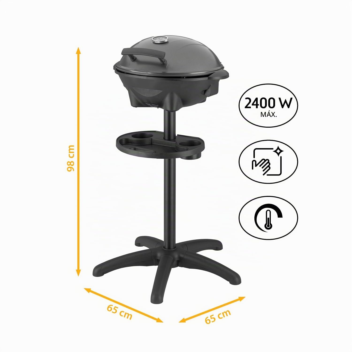 TZS First Austria - Barbacoa eléctrica 2 en 1 de mesa y suelo 2400W - BBQ con pedestal para balcón y terraza con tapa y estante - Parrilla esférica con termómetro y bandeja recogegrasas
