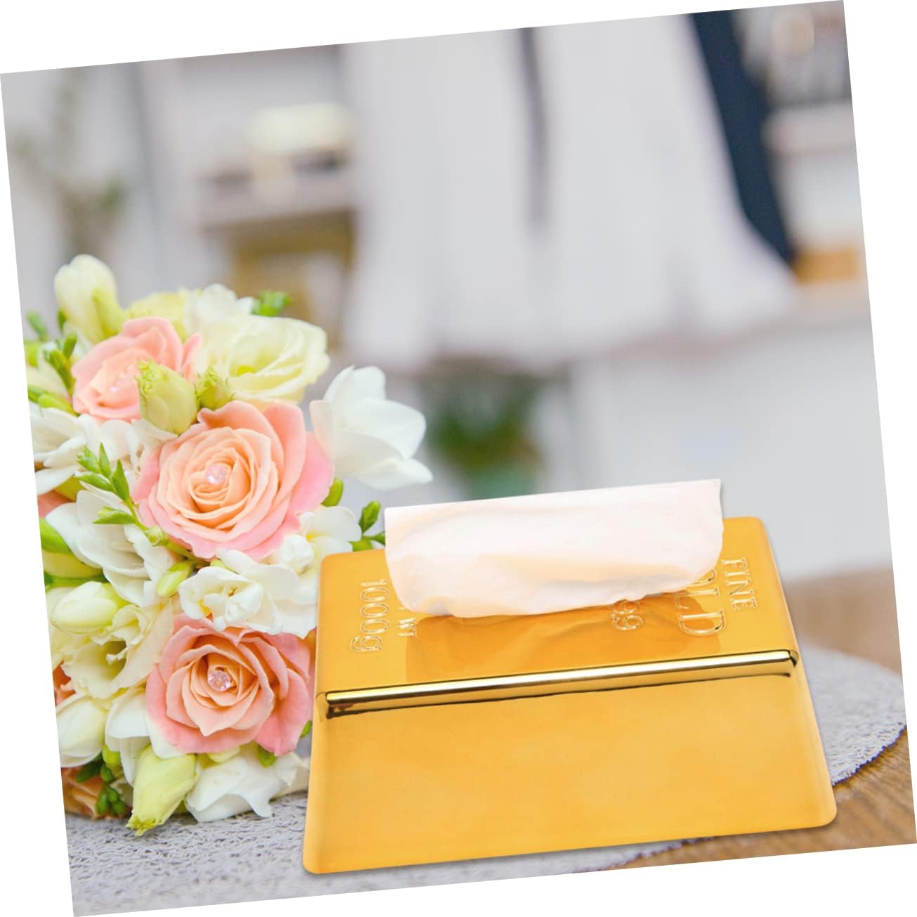 Gold Brick Design Tissue Box Decorative Napkin Holder Plastic Tissue Container for Home Desktop Use Easy Paper Extraction