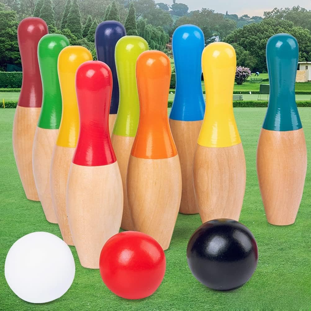 Juego de Bolos de Madera para Niños y Adultos, para Interiores y Exteriores, con 10 Bolos 3 Bolas, Juego de Patio de de Madera Portátil para el Desarrollo de Habilidades Motoras Entrenamiento