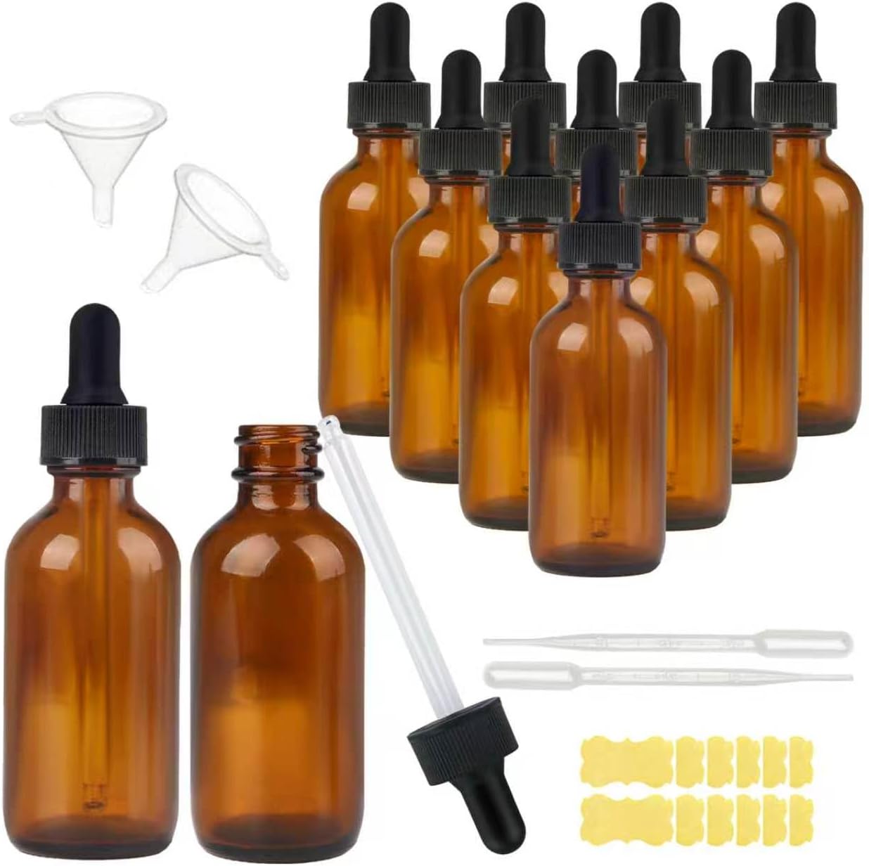 2oz Dropper Bottles,12 Pack Amber Glass Boston Bottles， 60ml Thick Dark Amber Glass Tincture Bottle with Eye Droppers, for Essential Oils, Perfume, Leak Proof Travel Bottle for Liquids