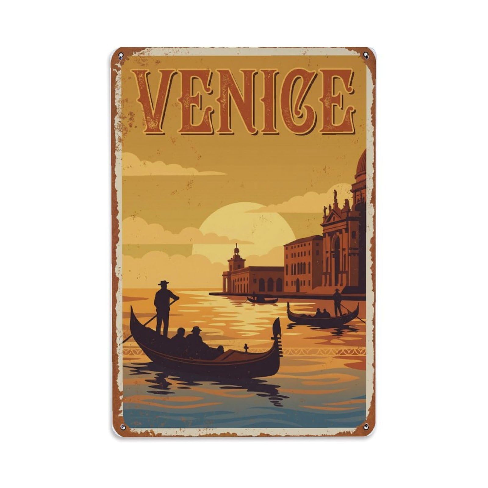 Vintage Travel Venice Sunset Lagoon Golden Hour Rusted Italy Metal Tin Sign Plaque Wall Decor for Cafe, Club Bar, Office, Home Garden Metal Poster 8x12Inch
