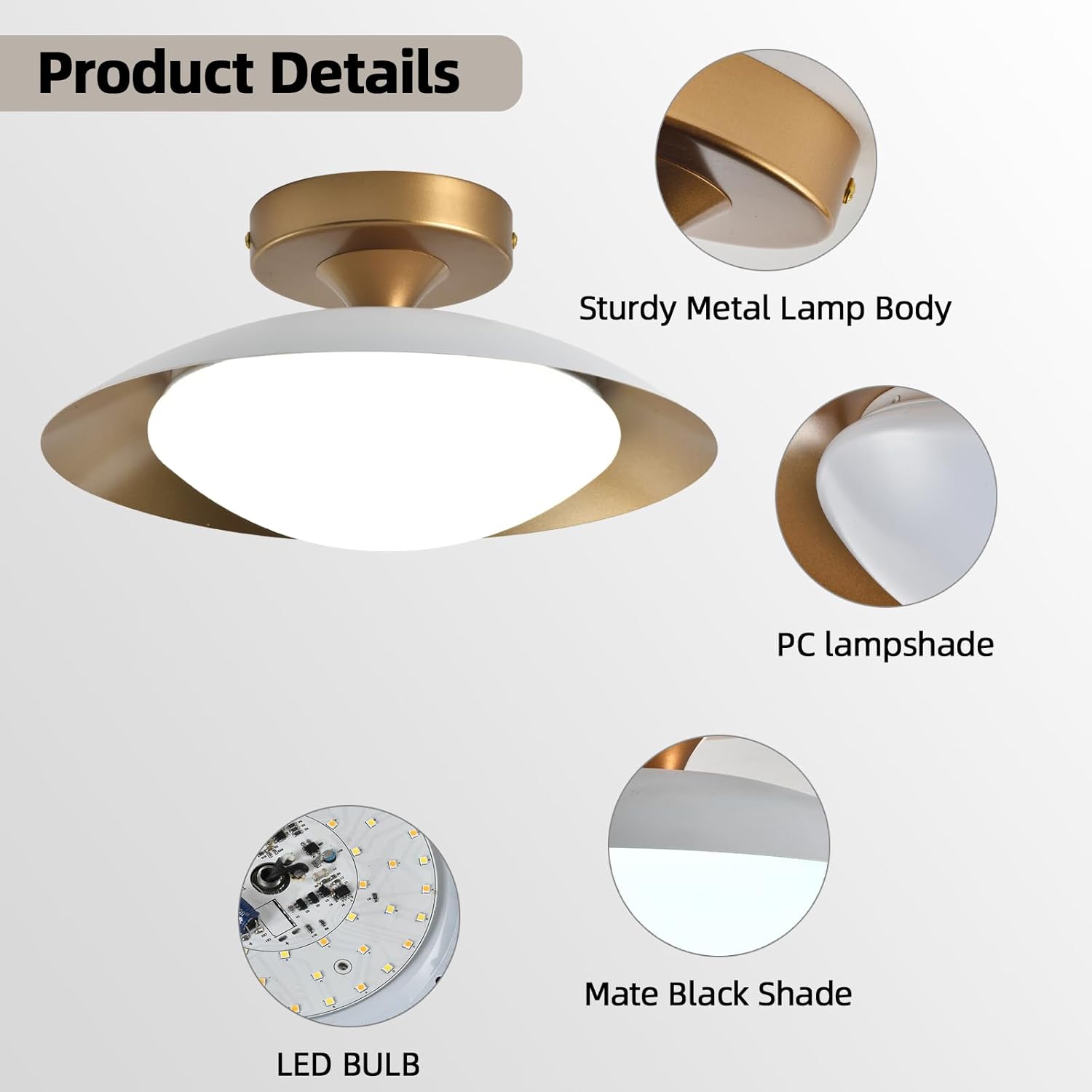 Dimmable Metal LED Flush Mount Ceiling Light, 5CCT 2700K-6000K White and Gold Close to Ceiling Lighting Fixtures, Mid Century Ceiling Lamp for Bedroom, Kitchen, Hallway, Laundry Room (11.8in)
