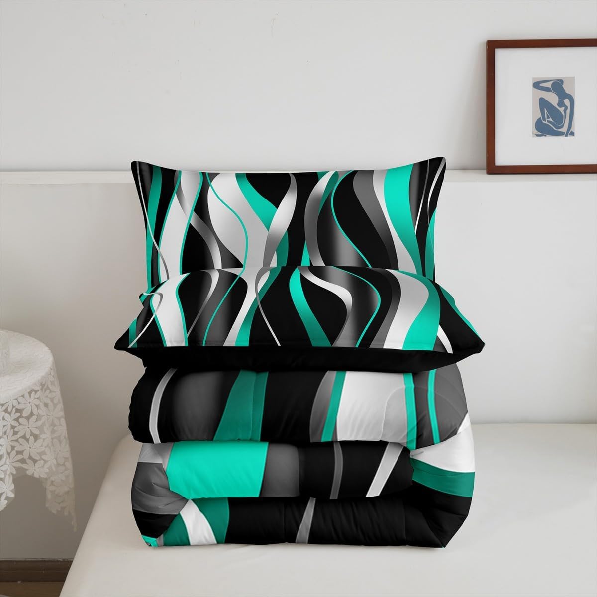 Feelyou Kids Twin Size Teel Gray Black Comforter Set Geometric Stripes Bedding Set Abstract Lines Art Comforter for Kids Boys Girls Geometrics Duvet Insert Adult Bedroom Decor 2Pcs