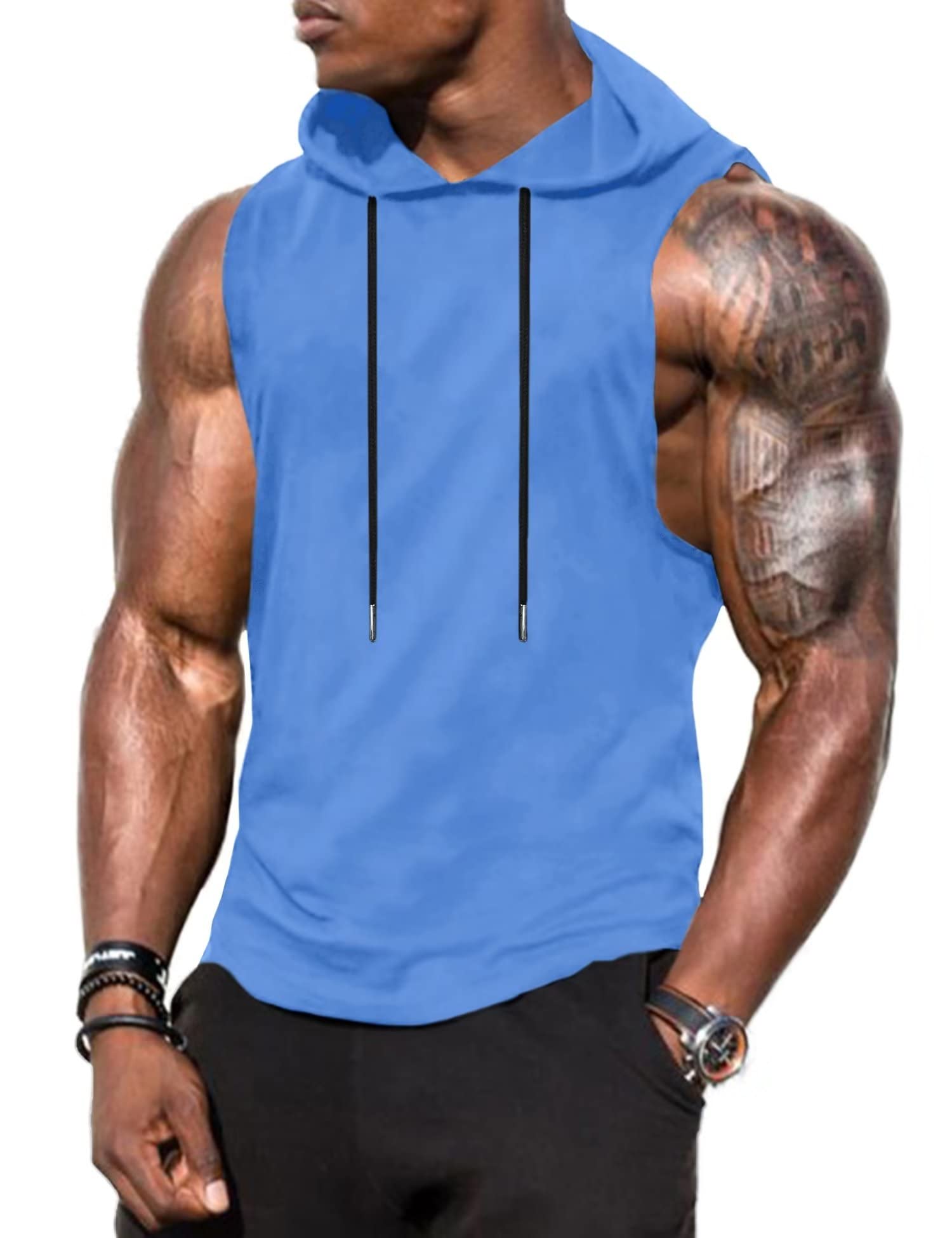 Babioboa Men's Workout Hooded Tank Tops Sports Training Sleeveless Gym Hoodies Bodybuilding Cut Off Muscle Shirts, Light Blue, Medium