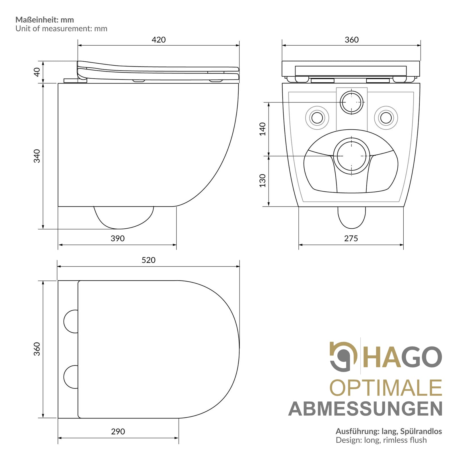 WC sospeso senza bordi di risciacquo Nano Lotus effetto soft-close, montaggio a parete
