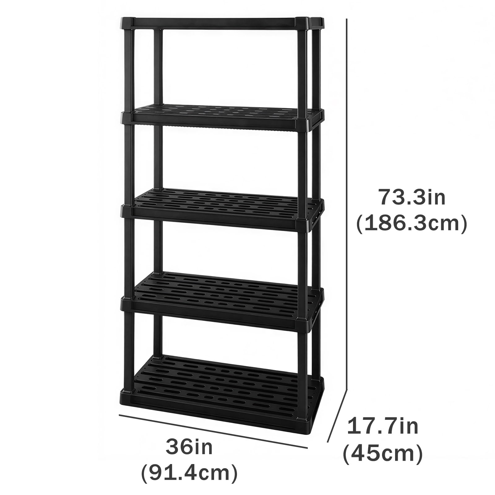 Scaffali in plastica resistente, scaffale a 3/5 ripiani, capacità 30 kg per ripiano, design ventilato per garage, cantina e cucina, dimensioni: 91,4 x 45 x 186,3 cm