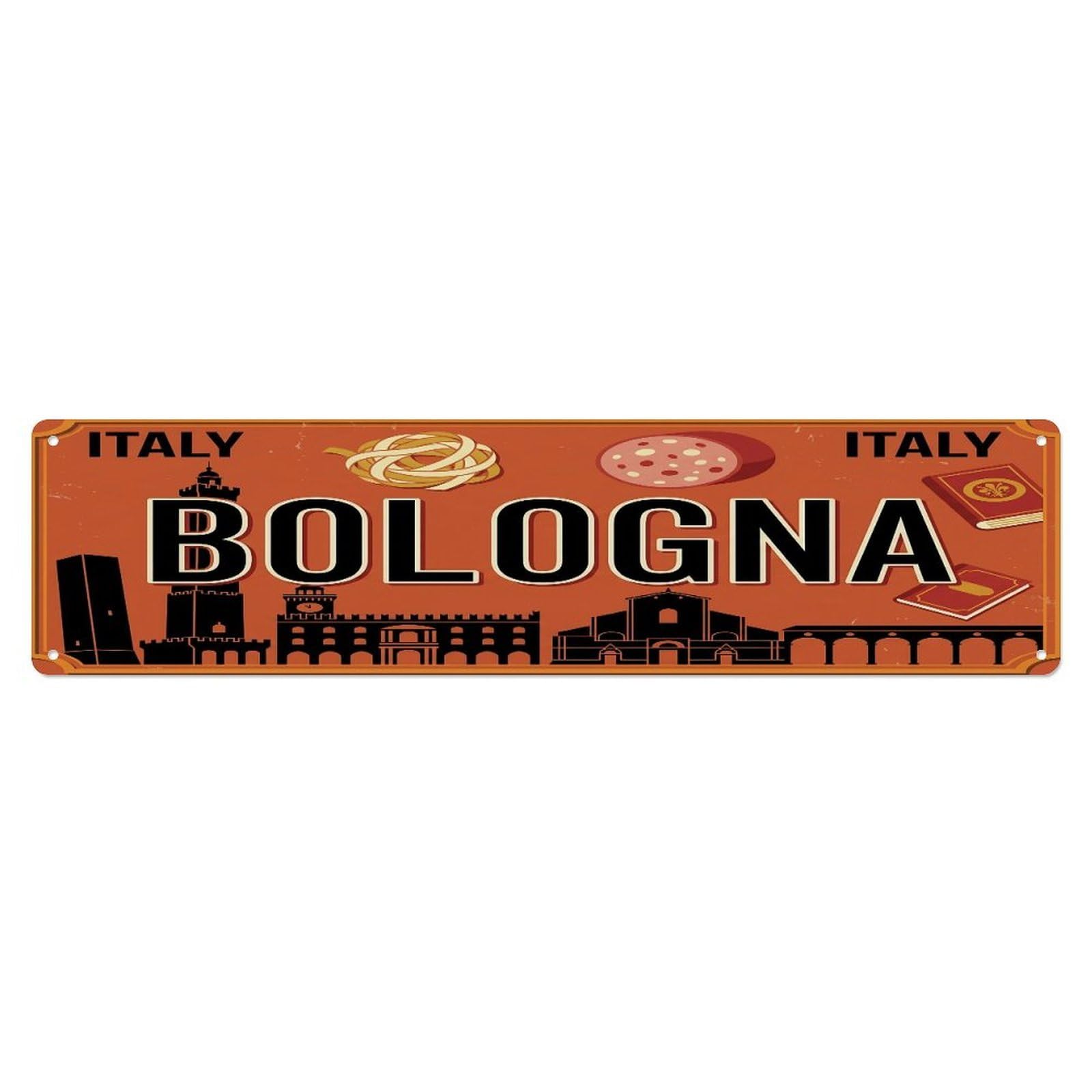 Tgrcjimh Style Metal Tin Sign Vintage Travel Bologna Italy Towers Pasta