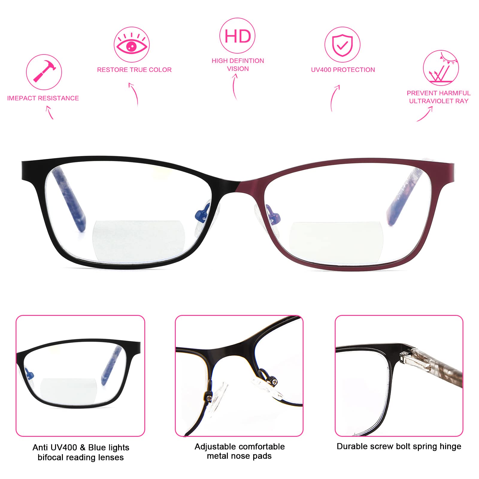 Bifokale Lesebrille für Damen, blaues Licht, transparente Kappe, Computerleser, breiter Metallrahmen, elegante Design-Gläser