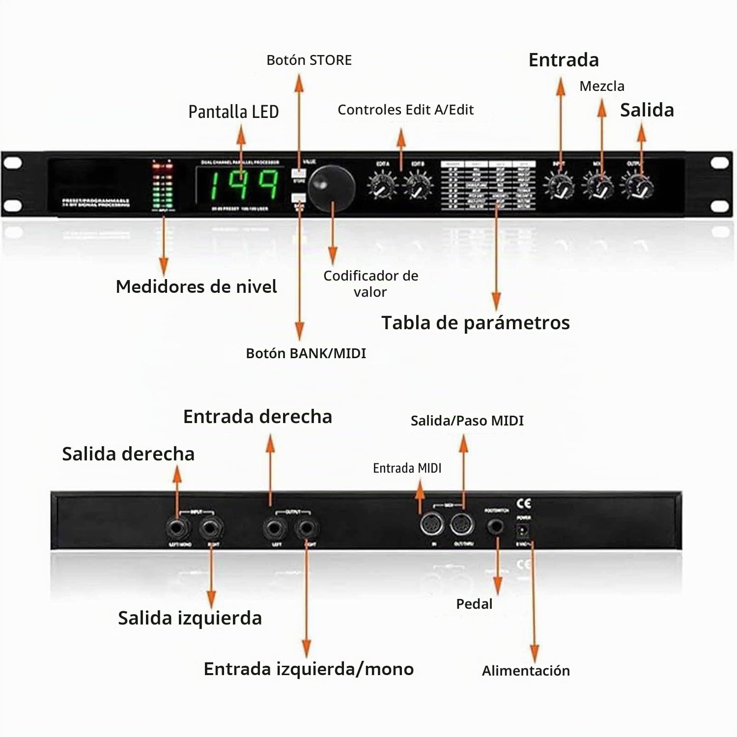 Procesador De Audio Profesional, Ecualizador, Procesador DSP De Reverberación Digital, Procesamiento De Señal De 24 Bits Programable Preestablecido, 99 Programas Preestablecidos, 199 Memoria De Efecto