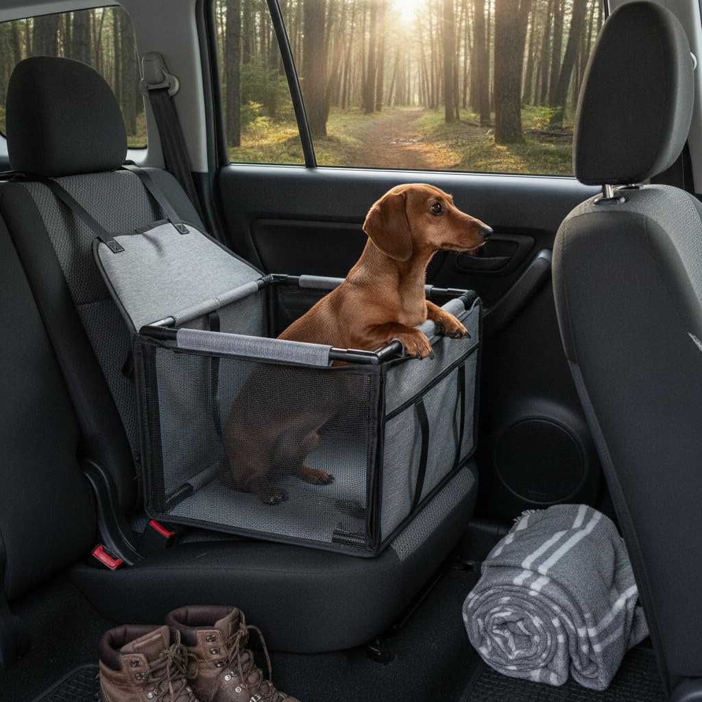 Seggiolino Auto per Animali Pieghevole, Grigio chiaro | Rivestimento in tela, Accessorio Auto Cani, Gite fuori porta, con Animali