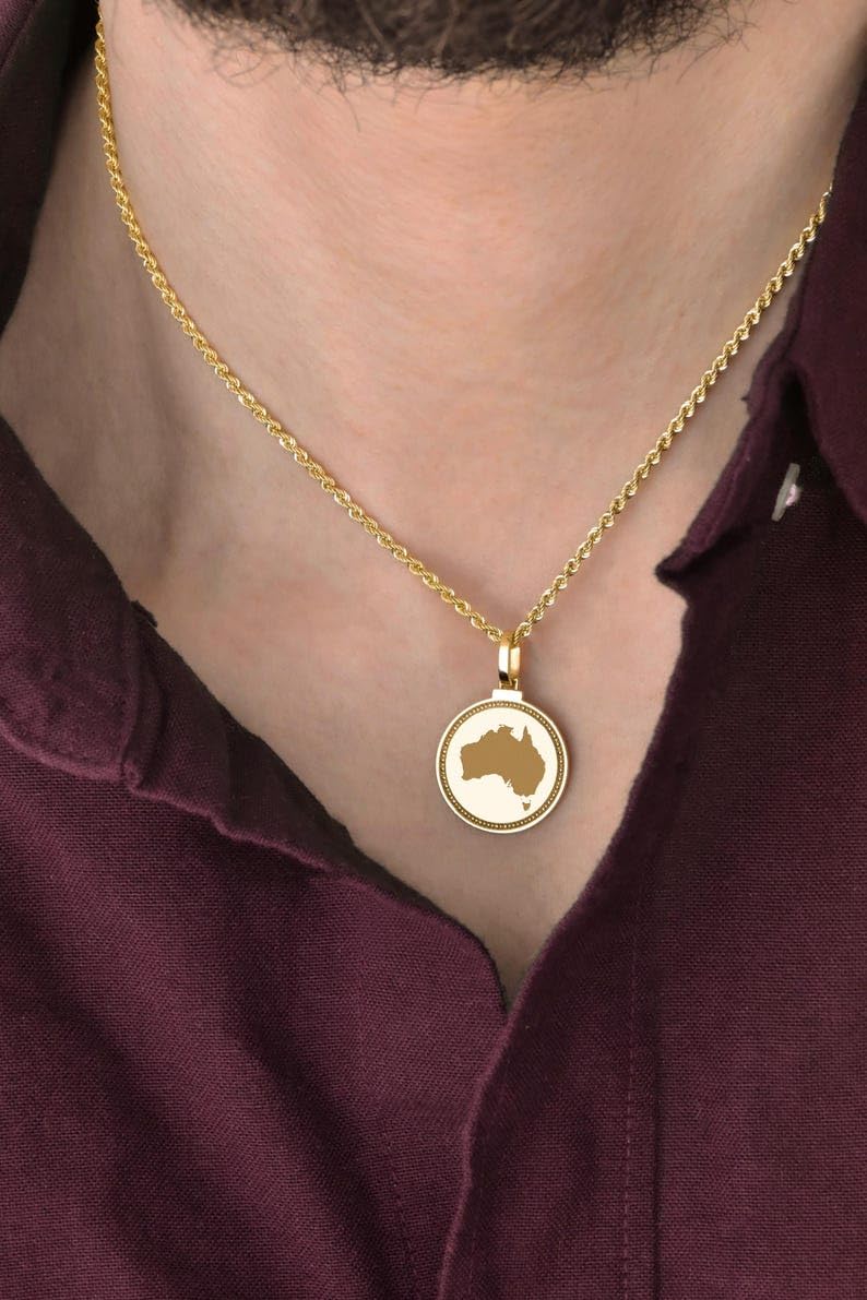LKBEADS Medallón redondo de plata de ley 925 grabado con mapa de Australia, colgante de 25 mm, chapado en oro, joyería City Country para hombre y mujer, regalo |LKN_MAP_01259