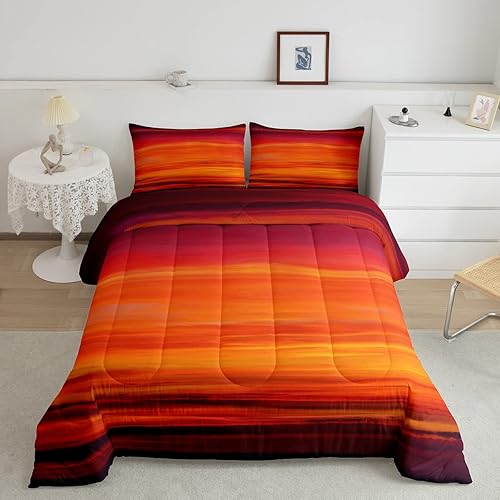 Juego de edredón con estampado rojo, juego de ropa de cama de color atardecer, edredón de rayas exóticas tropicales rojas para niños y niñas, juego