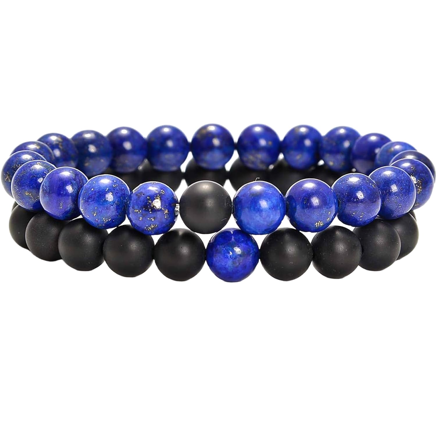 Matowy czarny agat i lapis lazuli 8 mm okrągłe gładkie koraliki długodystansowe pary miłość przyjaźń Combo zestaw bransoletek - zestaw bransoletek rozciągających się w związku dla par |