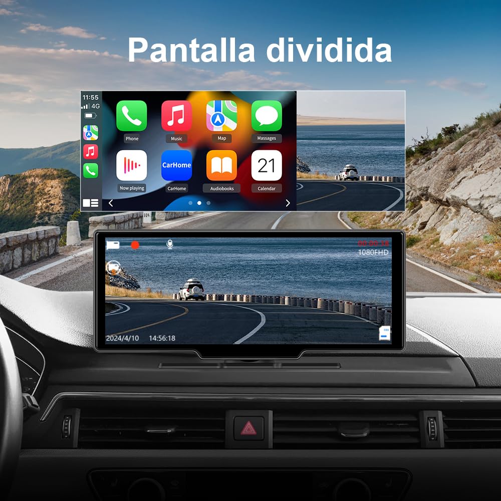 AWESAFE 10.26 Pulgadas Pantalla Coche con Carplay Android Auto, Pantalla Táctil con 4K Dashcam, 1080P Cámara Trasera Incluida, Comandos de Voz, Bluetooth/GPS/FM/AUX/MirrorLink