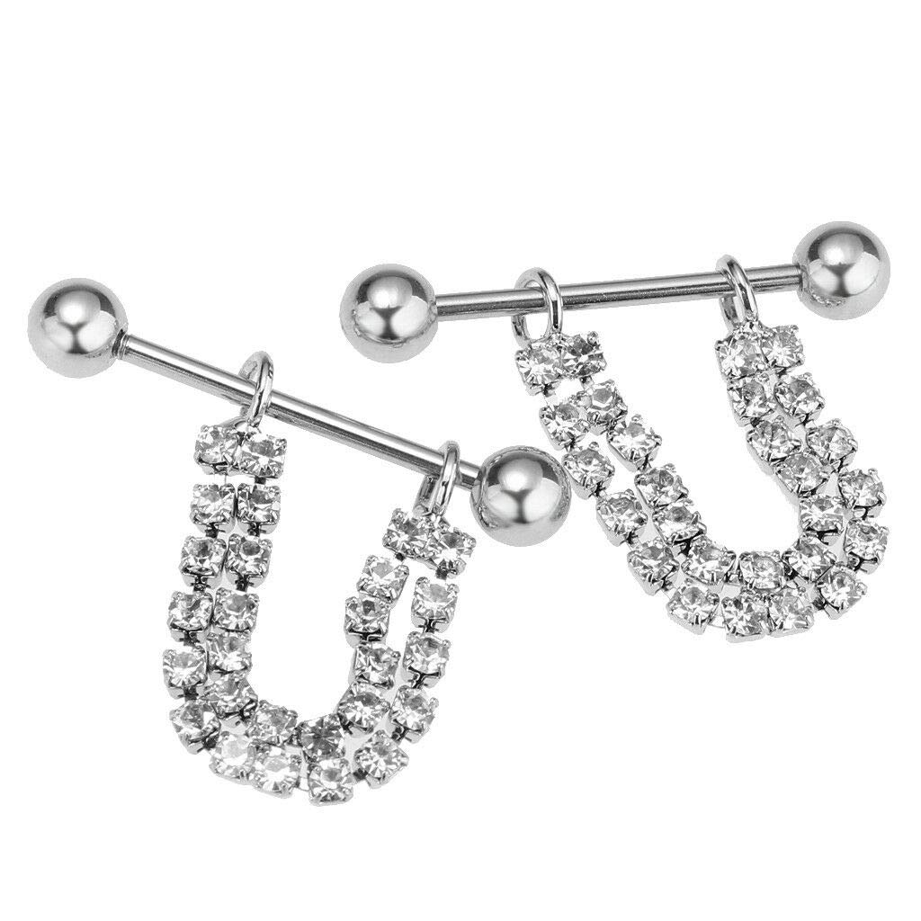 Ketsicart 2pcs Crystal Dangle U-Shape Nipplering Barbell Double Row Rhinestone Jewelry